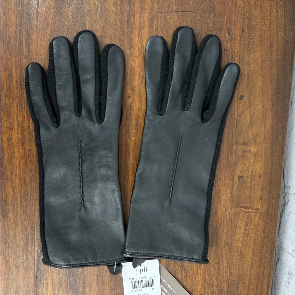 J.Jill Tech-Friendly Wool Blend & Genuine Leather Smart Gloves- Size S/M - Black